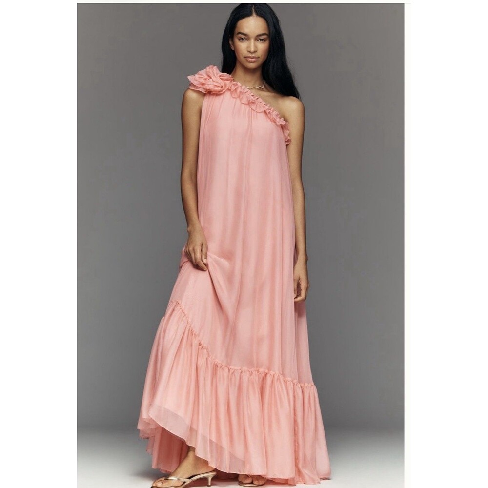 Ieena for Mac Duggal Pink One Shoulder Ruffle Chiffon Maxi Dress Sz Small NWT
